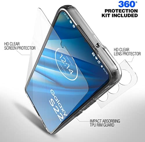 Защитен на 360 градуса Прозрачен калъф Samsung Galaxy S22 със Защитен екран от Закалено Стъкло + Защитно фолио за обектива на камерата, Защитен комплект за телефон от 3 части (