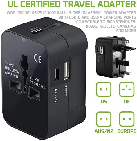 Международен захранващ адаптер USB Travel Plus, който е съвместим с Sony Xperia C за захранване на 3 устройства по целия свят USB TypeC, USB-A за пътуване между САЩ /ЕС /AUS/NZ/UK / КН (черен)