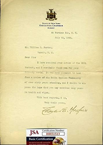 Чарлз Евънс Хюз, Сертификат за JSA, Подписан В Писмо до 1908 г., Автограф на Съдиите от Върховния съд - Разни с автограф от NFL