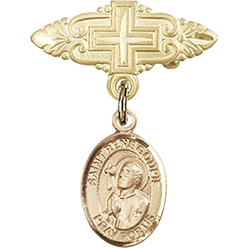 детски икона от жълто злато 14 карата с Чар Свети Рене Гупиля и Игла за икона с Кръст 1 X 3/4 инча