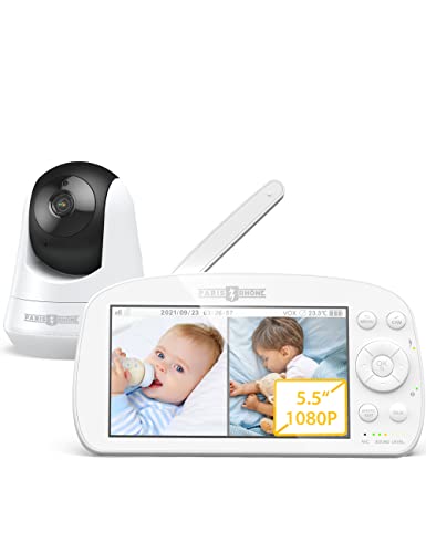 Следи бебето PARIS RHÔNE, Детски Видеоняня с разделен на екрана от 5.5 1080P камера и аудио, двупосочен разговор, обхват 1000 фута, батерия 5000 mah, HD Нощно виждане, Канче, режим VOX,
