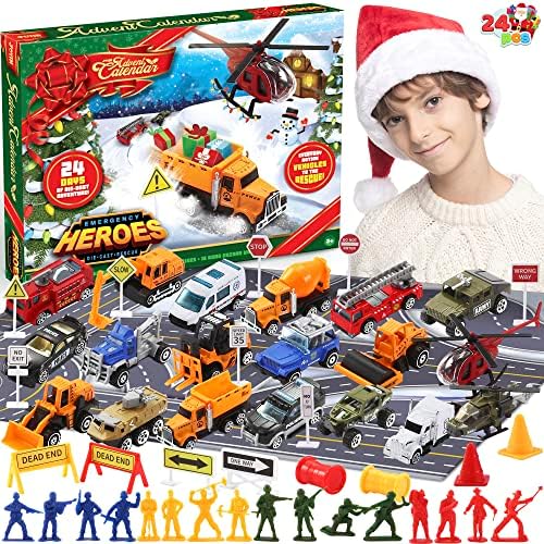 Коледен Адвент-календар JOYIN 2022 за деца и момчета, Календар за обратно броене 24 на ден с алуминиеви джанти под натиска на автомобили, Строителни Машини, Военни Машини