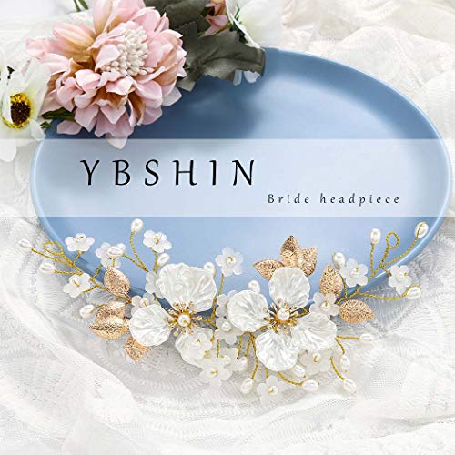 YBSHIN Сватба ленти за коса от лозови насаждения със златни цветя, перли шапки за младоженци, декоративни аксесоари за коса, за жени и момичета