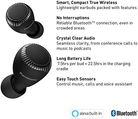 Слушалки Panasonic True Wireless |Bluetooth слушалки | IPX4 Водоустойчив | Малки, леки | Дълго време на автономна работа, съвместимост с Alexa | RZ-S300W (черен)