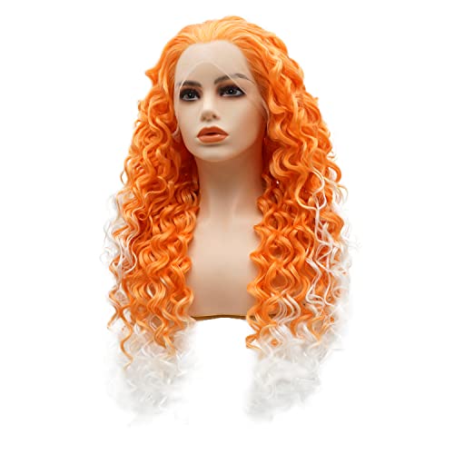 БУЙНИ КРАСИВА коса от Синтетични перука на дантели къдрава дълга 26 инча оранжев корен Бял омбре висока плътност реалистичен перука