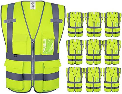 Жилетка за безопасност повишена видимост Dazonity с множество джобове и цип, 10 x, Светлоотразителни ленти, Подходящ за мъже