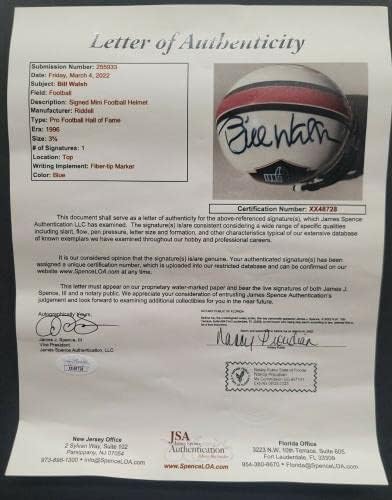 БИЛ УОЛШ подписа мини-каска SF 49ERS, въведен в Залата на славата на треньори, с автограф. JSA - Каски NFL с автограф