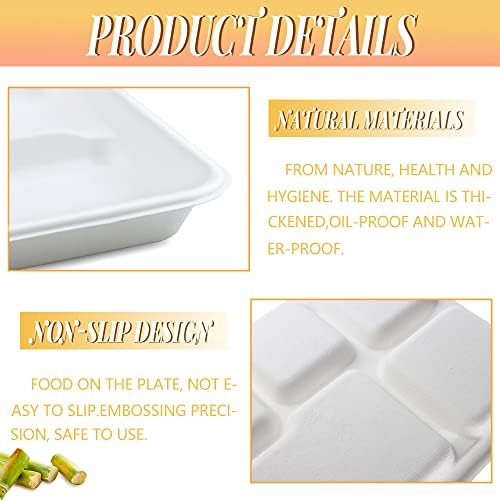 Vmiapxo 50 Опаковки Хартиени тави, употребявани за храна от естествени влакна Багассы, 10 x 8 с 5 Отделения, Тава