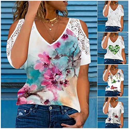 Nxxyeel Върхове с открити рамене за жените, Женска Тениска с Къс Ръкав, V-образно деколте, Ежедневни Тениски в Ивица с Принтом Любов