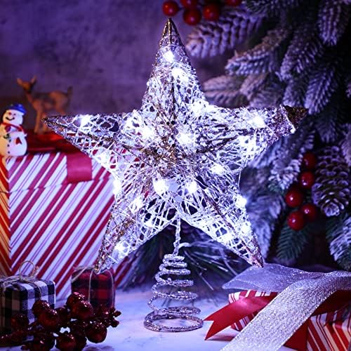Коледен Пламнал Звездна Коледа в цилиндър с Лък, Осветен 12-Инчов Коледа Елочным Звездна Украса на Върха на Коледната Елха с 30 led гирлянди за Коледни занаятчийски пр?