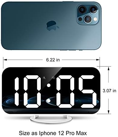 Digital alarm clock Lamisola, Голям Огледален led Дисплей, 2 USB порта за зареждане на，Автоматично Затъмняване, Модерни Дизайнерски Часовници за Спалня, Офис, Бял