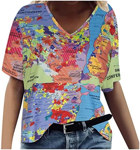 Блуза Дамска Есенно-Летни Дрехи С Къс Ръкав и V-образно Деколте, Памучен Блуза с Графичен Дизайн, Риза за Момичета 5C 5C