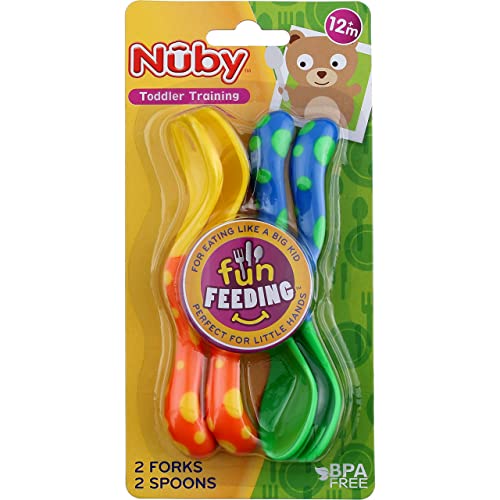 Лъжица и Вилица за хранене на Nuby Забавни, 2 опаковки - жълто-зелени, един размер
