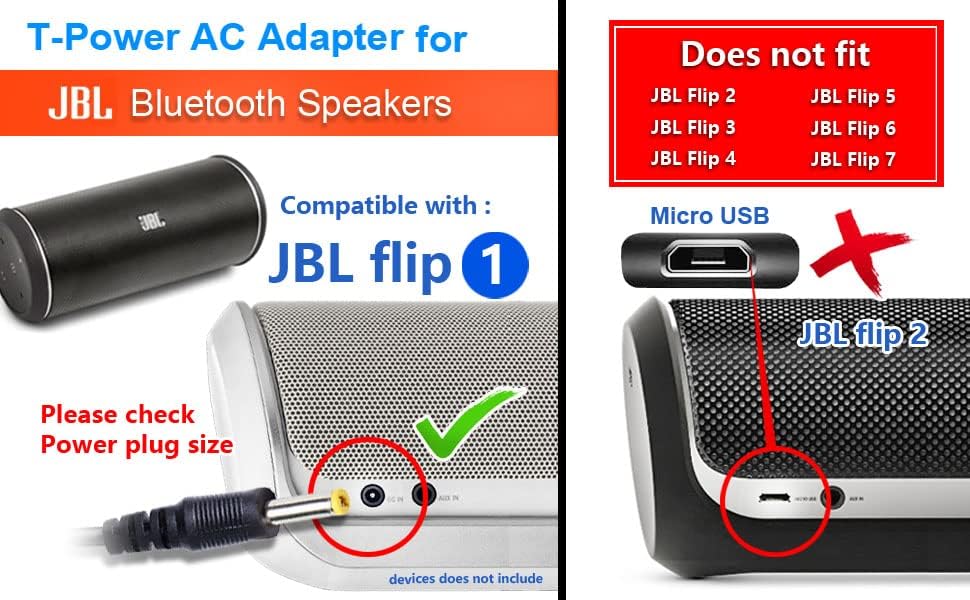 Зарядно устройство T-Power за Преносим Стерео JBL Flip Wireless Speaker 6132A-JBLFLIP Bluetooth Адаптер за Монтиране на Домашно Зарядно Устройство за захранващия Кабел dc захранване