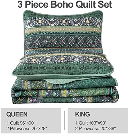 Спално бельо WONGS, Стеганое Одеяло в стил бохо, Размер на Queen, Зелено Стеганое Одеяло в бохемски стил,