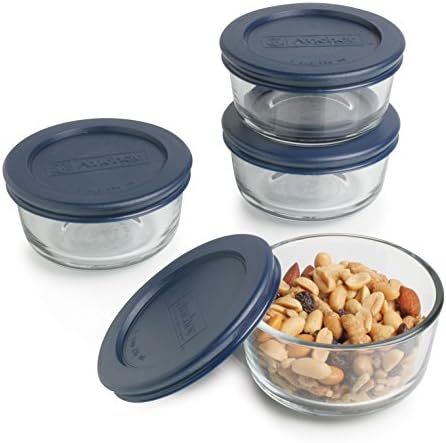 Анкерное планина, кръгли стъклени съдове за съхранение на хранителни продукти за 1 чаша с пластмасови капаци, синьо, комплект от 4