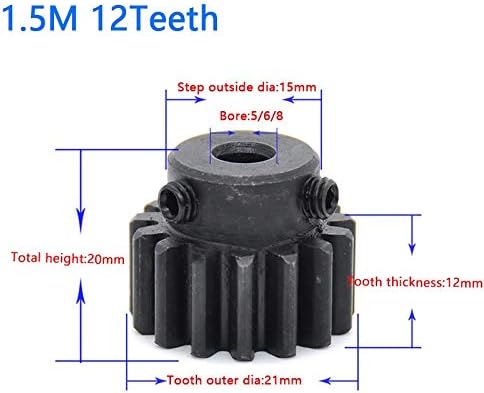 ZHENGGUIFANG ZGF-BR 1бр 1,5 М Цилиндрична скоростна 12 15 зъби с Диаметър 5/6/8 mm Стоманена Изпъкнали Обратно за метални предавателни механизми (Брой на зъбите: 1.5 M 12 M (диаметър 8 мм