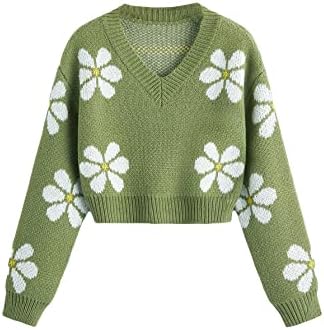 MakeMeChic момичета цветя спад на рамото фенер ръкав, с кръгло деколте пуловер вязаный пуловер топ