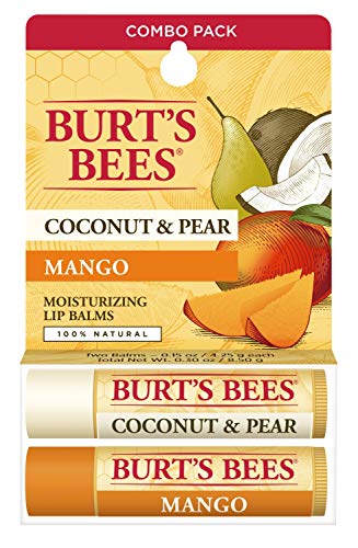 Бърт Bees Натурален Хидратиращ балсам за устни с кокосов орех, круша и Манго с пчелен восък и плодови екстракти - 2 туби, 2 течни унции