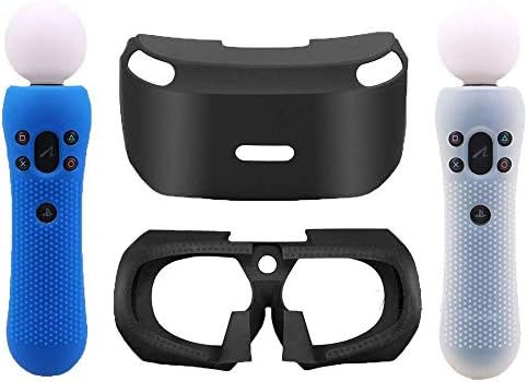 3D Стъклен Защитен Силиконов калъф за защита на очите за слушалки PSVR PS VR + 2 елемента Силиконов Защитен калъф за контролера на движение на Sony PS VR Move (синьо-бял)