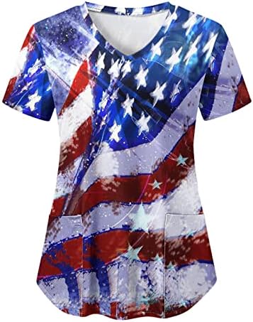 Женска Тениска с Флага на САЩ, на 4 юли, Летни Тениски с Къс ръкав и V-образно деколте, 2 Джоба, Блуза, Топ, Празнична Ежедневни работни Дрехи