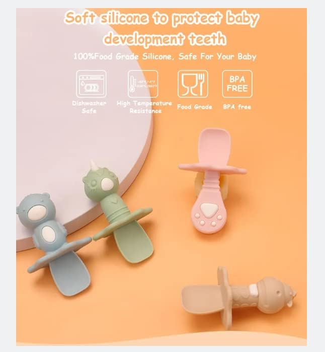 Детска посуда Нежно Ровя - 3 супени лъжици в опаковки - Детски лъжици за самостоятелно хранене в продължение на 6 месеца + Силиконови прибори за деца със защита от зад