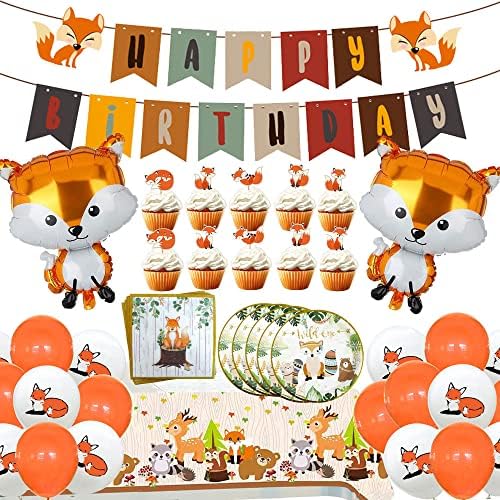 Украса за парти в чест на рождения Ден в стила на Фокс, 48 бр. Комплект за парти в стил Фокс включва банер с Участието на Лисици честит Рожден Ден, балони с лисици ръка