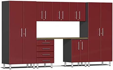Ultimate UG22082R Комплект гаражни шкафове от 8 теми с бамбук плот цвят рубинено-червен металик