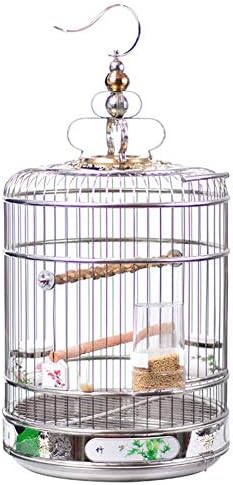 Кръгли волиери KUANDARM от неръждаема стомана, висящи къщички за папагали с контейнер за храна, 38 × 46 см., сребрист