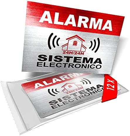 12 стикери с предупредителен знак за алармени системи - испански текст ALARMA - SISTEMA ELECTRONICO - за вътрешно и външно ползване - Защита за дома, колата. - Защита от атмосферни ?
