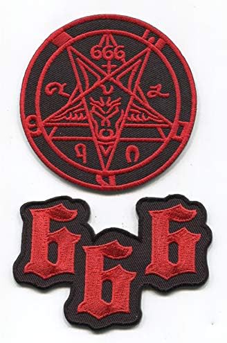 Лот от 2 Сатанински Козлиных Голове Бафомета + 666 Бродирани Апликации с изображение на Знака на Звяра, Ленти от желязо