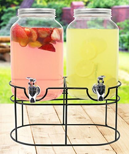 Стъклени двойни Опаковки за напитки Природен за партита - Набор от диспенсеров за напитки в стъклени буркани обем 2-1 галон с поставка - Стъклена Опаковка за напитки