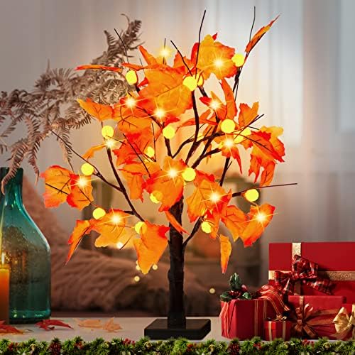 YEECHUN 24-Инчов Изкуствено Есен Осветено Кленовое Дърво 24 Led Фенер от Тиква За Батерии за Хелоуин, Деня на Благодарността, Коледа Реколтата, за Декорация на Дома