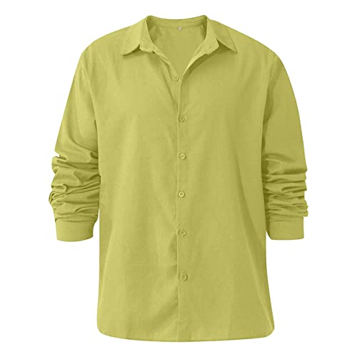 Мъжки Ленени Ризи с копчета, Ежедневни Лятна Плажна Риза с дълъг ръкав, Потници, Лека Однотонная Риза Свободно намаляване (Жълто 2, X-Large)