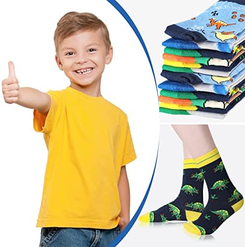 6 Чифта Памучни Чорапи за Екипажа с Модел на Динозавър за Момчета, Меки Дишащи Чорапи за Екипажа от 7 до 10 Години