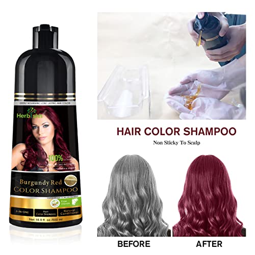 Herbishh Hair Color Шампоан за Сива коса – Вълшебен Шампоан–боя за коса - Петна Косата за няколко минути–Устойчив–500 Мл–Боя за коса 3 в 1 –Без амоняк (бордо)