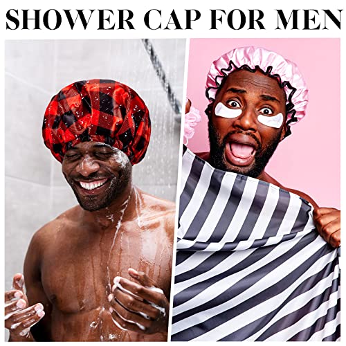 Шапка за душ за мъже, Водоустойчиви Множество Шапка за душ, Голяма Шапка за Баня, Мъжка Шапка за Душ с Дредами, Плитки, Локонами, Къдрава коса, 3 Цвята (Карирани модел)