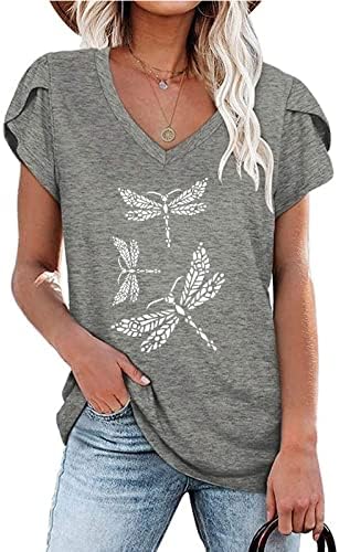 Блузи с Прерязано и Къси, Буйни, с дълъг ръкав за Момичета Есен-Лято Vneck Dragonfly Graphic Тънка Туника Топ Дамски Дрехи