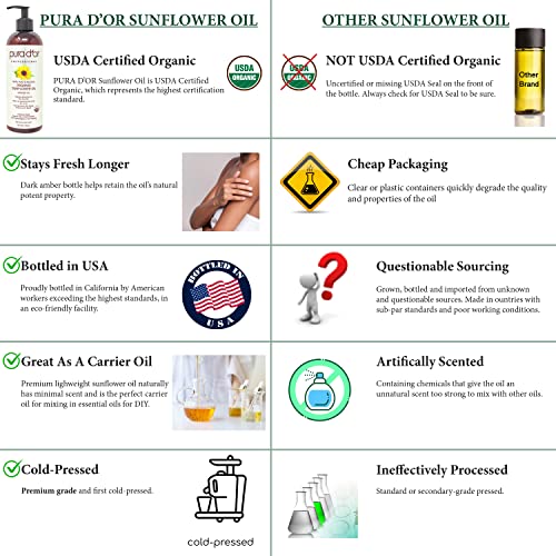 Органично слънчогледово масло PURA D ' OR (16 унция), сертифицирано от Министерството на селското стопанство на САЩ, Чисто масло-носител - Овлажняващ и хранителни за кожа