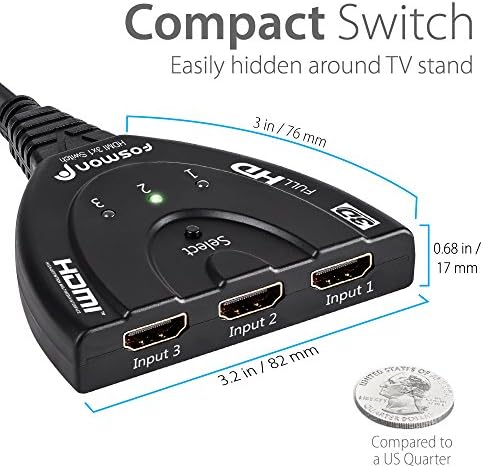 Fosmon 3-Портов HDMI switch, интелигентен автоматичен превключвател 3x1, поддръжка на Full HD 3D 1080p, HDCP, HDMI-ивица 3 В 1 с позлатените HDMI-кабел 24-КАРАТОВО за HDTV DVD PS3 PS4 Xbox One Bluray Apple TV