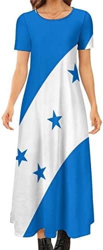 БАЙКУТУАНСКИЙ флаг Хондурас, Дамски Ежедневни Дълги Рокли с кръгло деколте, Свободно Рокля-риза с Къс ръкав