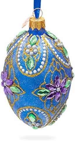 Украсени със скъпоценни камъни Лилави цветя в Синя Стъклена Яйце Украшение 4 Инча