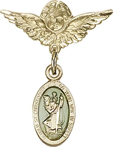 Детски икона Jewels Мания син талисман на Св. Кристофър и пин Ангел с крила | Детски иконата със златен пълнеж със син